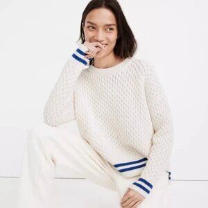 Madewell Women's Pullover Sweater M Ivory Blue Cable-Knit Cotton Merino Wool